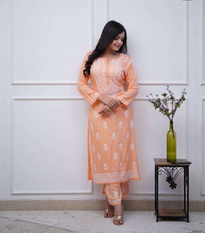 Elevate Your Style With Unique And Eye-Catching Chicken Embroidery On Kurti And Pant Moksha Fashions