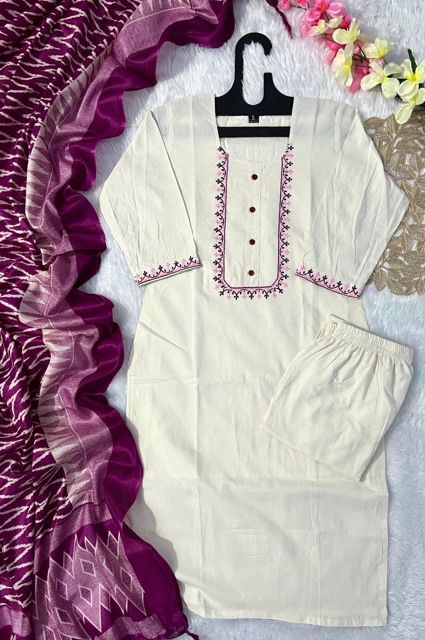 Designer Khadi Cotton Kurti Pant Dupatta Set Moksha Fashions