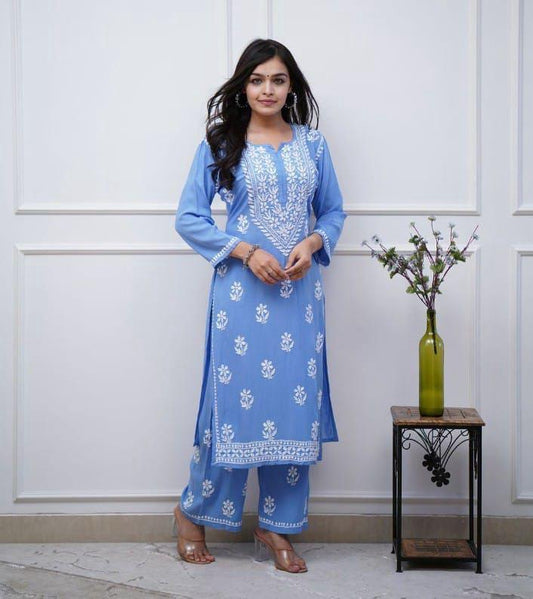 Elevate Your Style With Unique And Eye-Catching Chicken Embroidery On Kurti And Pant Moksha Fashions