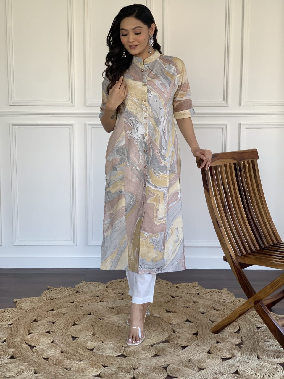 Trendy collection of hand printed marble print kurti with pant Moksha Fashions