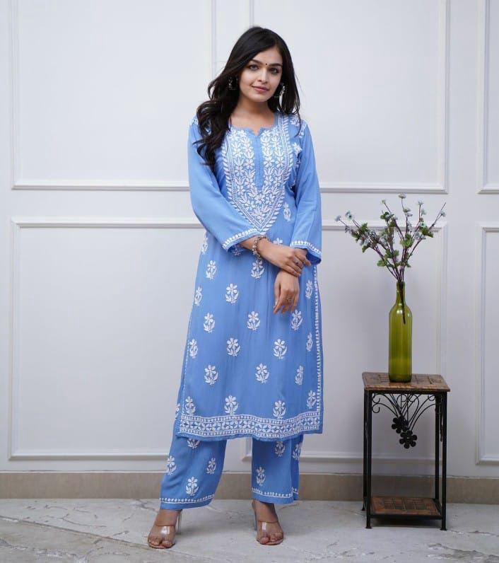 Elevate Your Style With Unique And Eye-Catching Chicken Embroidery On Kurti And Pant Moksha Fashions