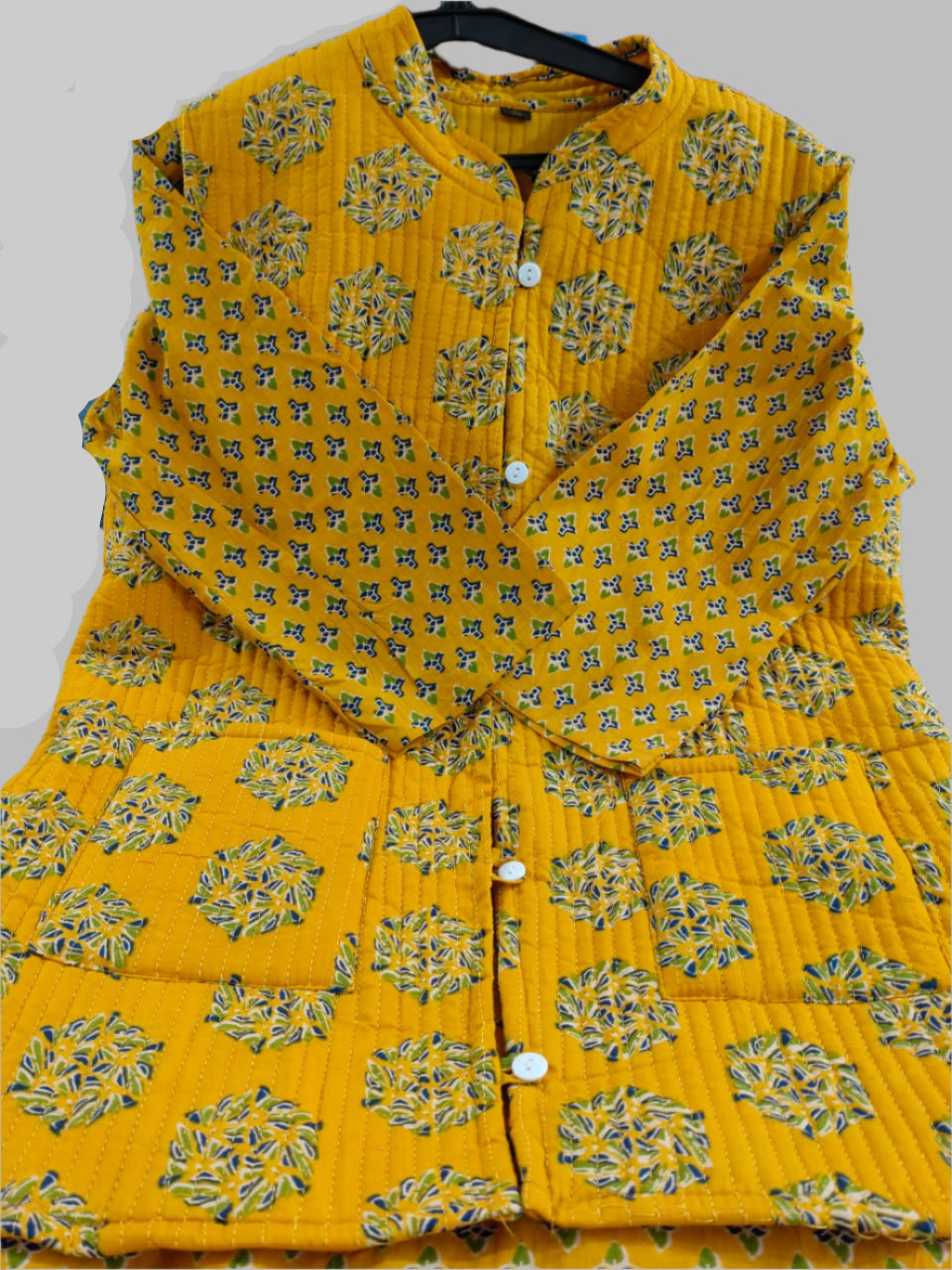 Procin print Kurti Pant Set With Quilted cotton jacket Moksha Fashions