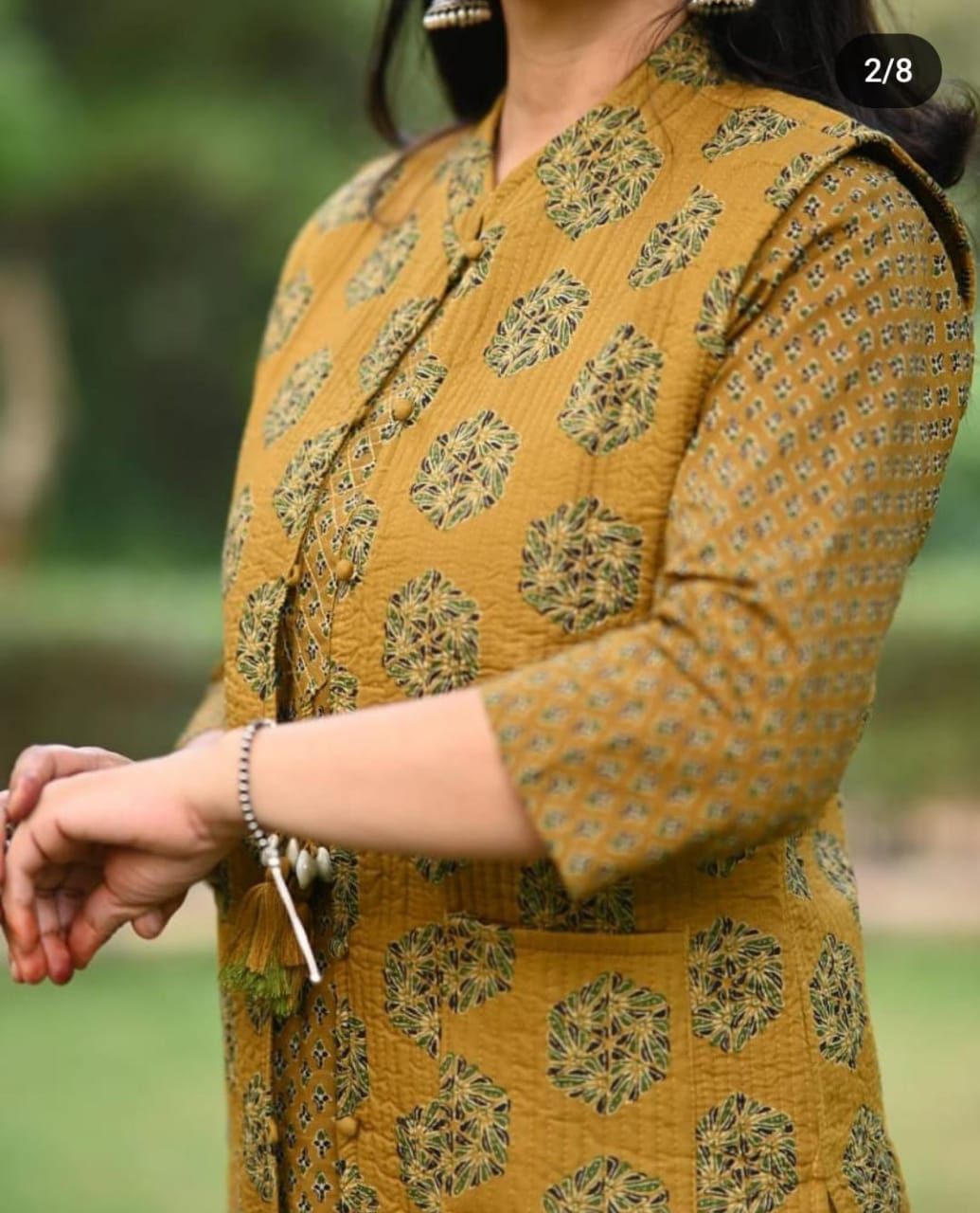 Procin print Kurti Pant Set With Quilted cotton jacket Moksha Fashions