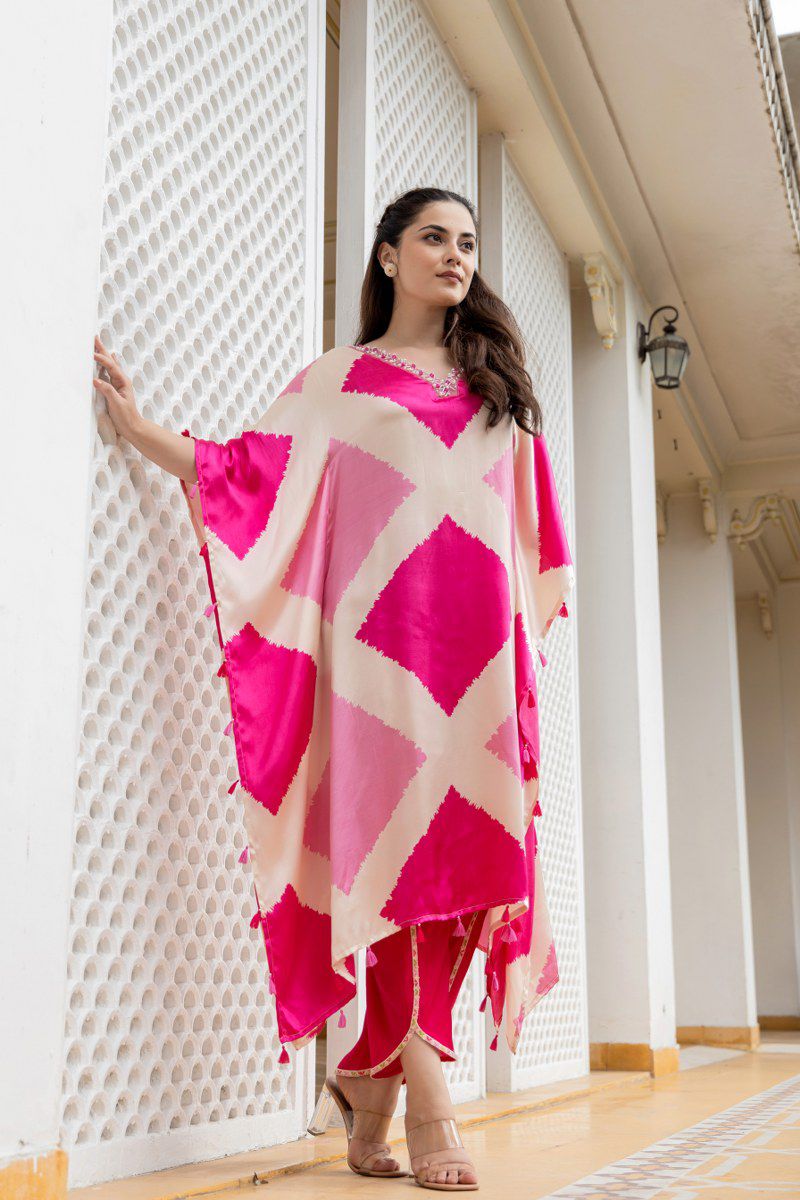 Pink Kaftan Style Suit With Tulip Pant Moksha Fashions