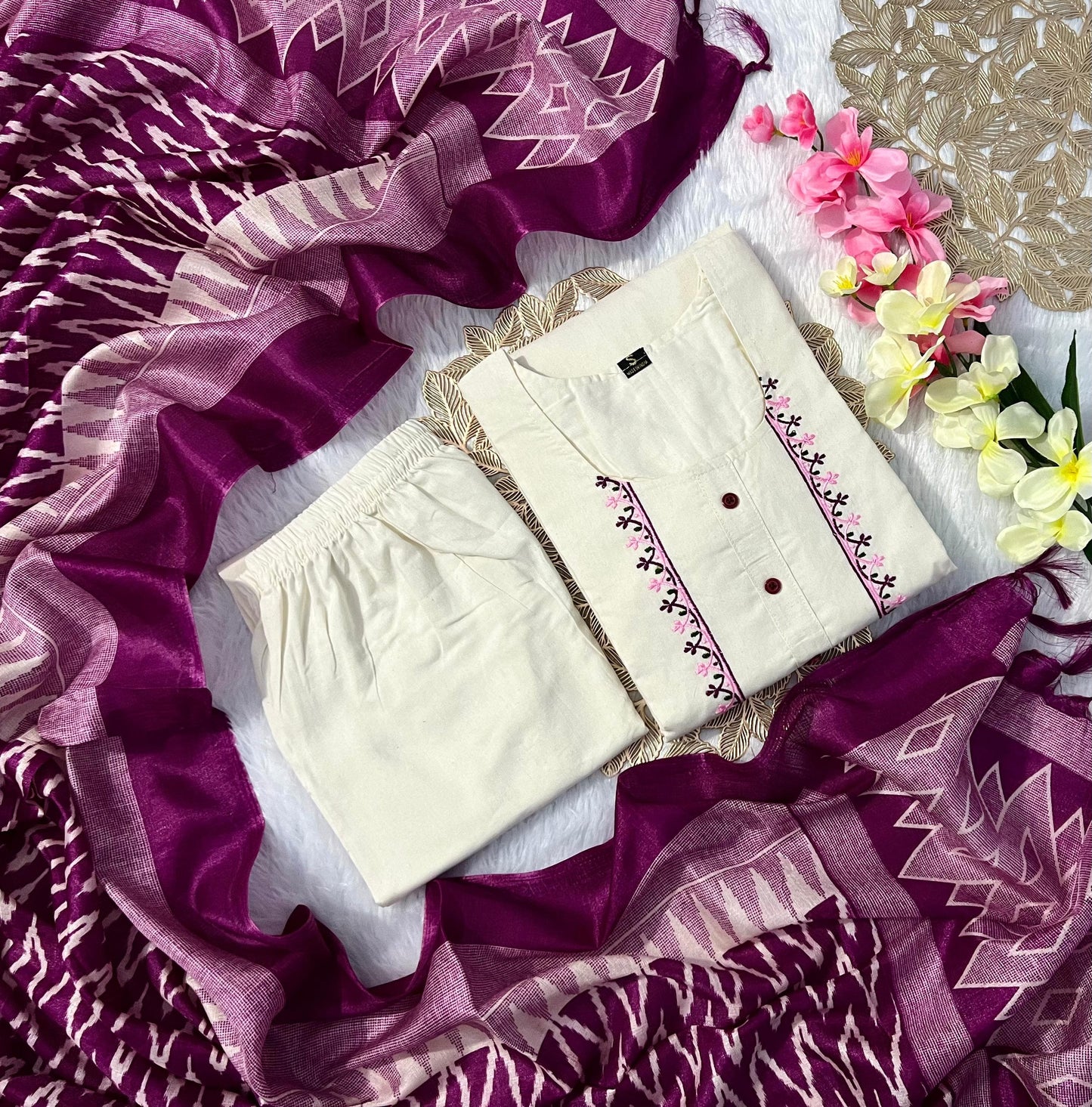 Designer Khadi Cotton Kurti Pant Dupatta Set Moksha Fashions