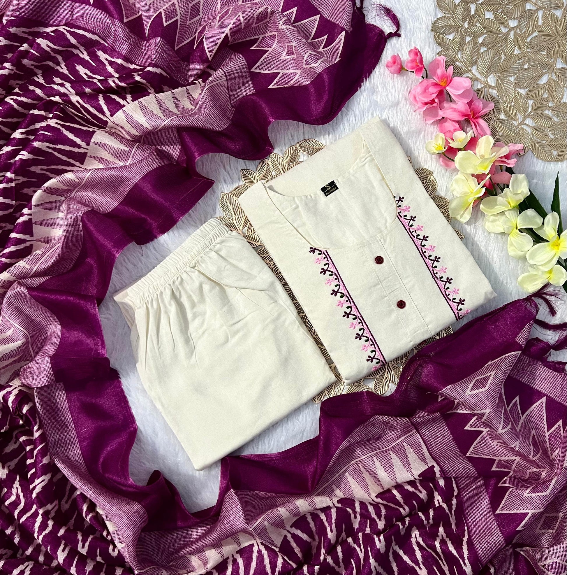 Designer Khadi Cotton Kurti Pant Dupatta Set Moksha Fashions