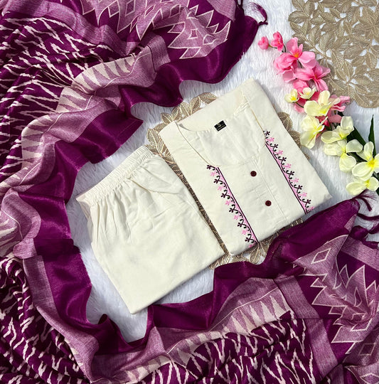 Designer Khadi Cotton Kurti Pant Dupatta Set Moksha Fashions