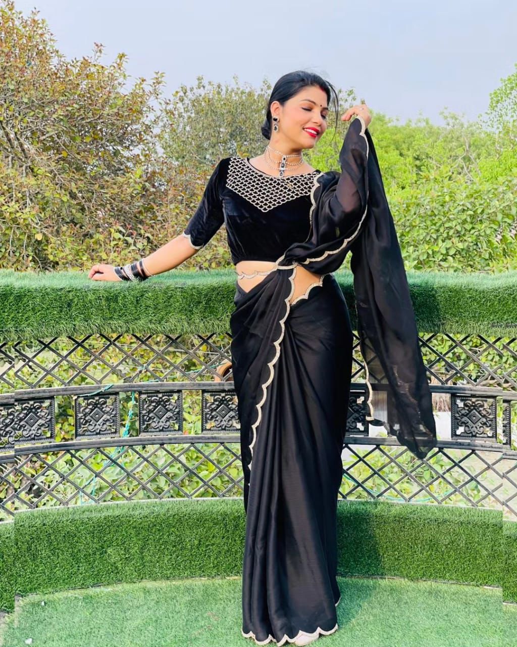 Pure chinnon with cut work border with real jarkan work Moksha Fashions