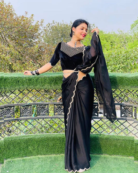 Pure chinnon with cut work border with real jarkan work Moksha Fashions