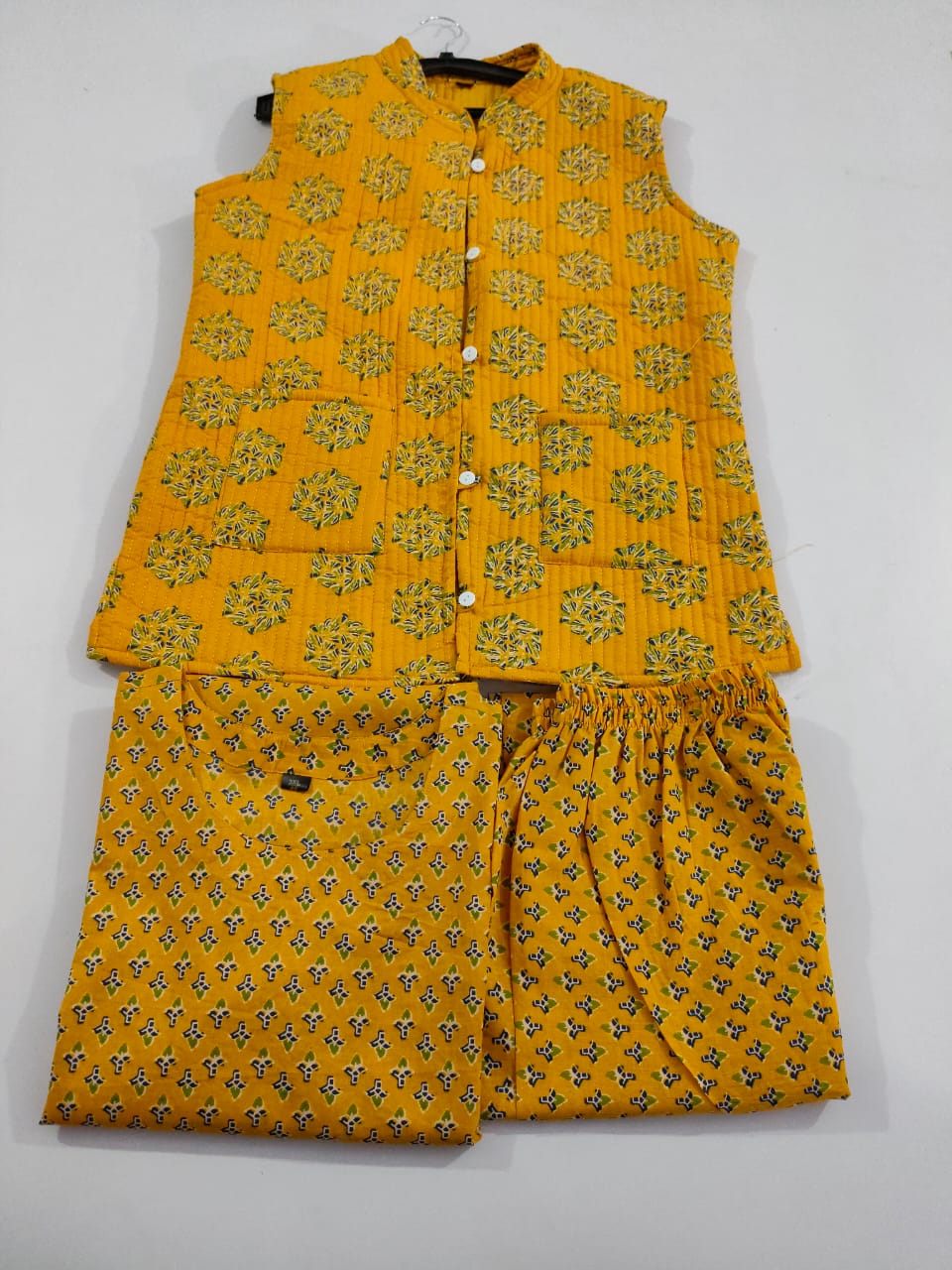 Procin print Kurti Pant Set With Quilted cotton jacket Moksha Fashions