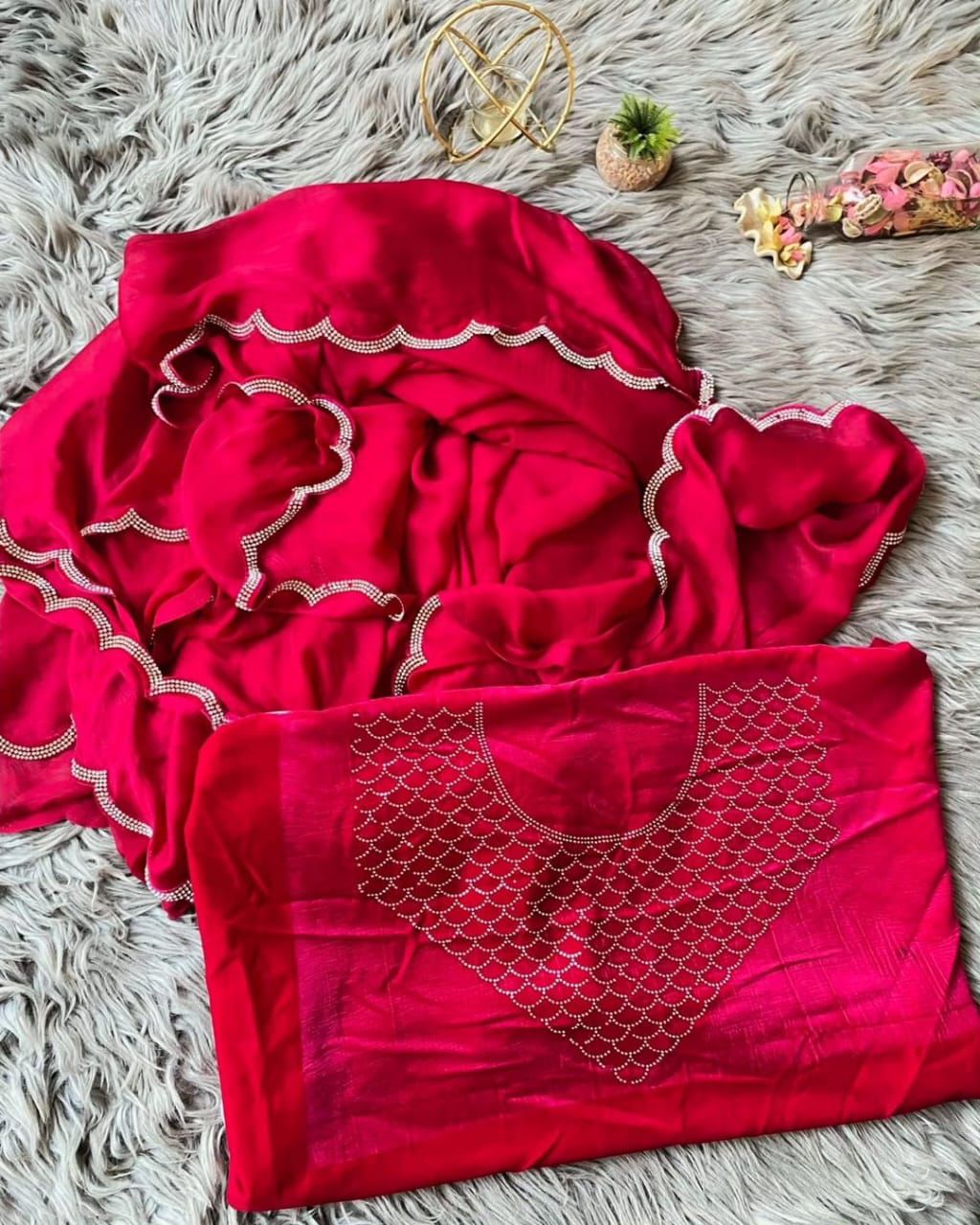 Pure chinnon with cut work border with real jarkan work Moksha Fashions
