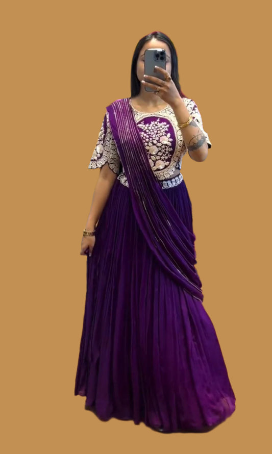 Designer Party Wear Lehenga Saree with Stitched Blouse - Moksha Fashions