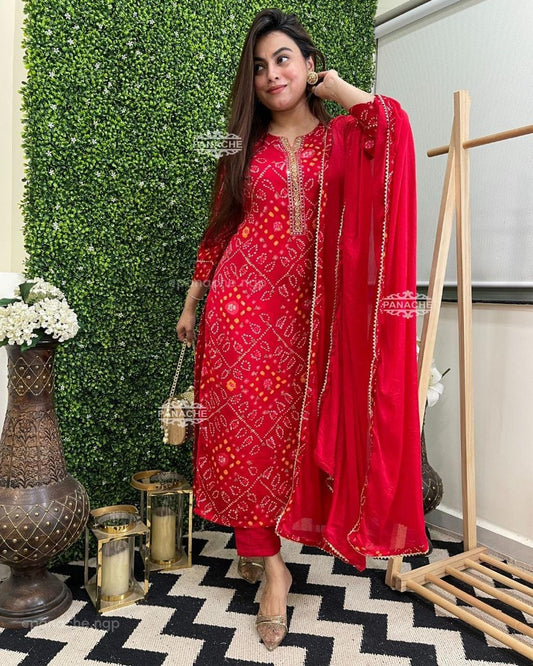 Bandhani Tie-Dye Kurta Pants Set – Elegant and Comfortable Ethnic Wear for Women - Moksha Fashions