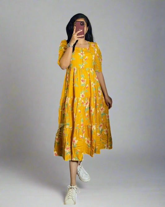 Cotton Middi withL lotus Flower Print Moksha Fashions