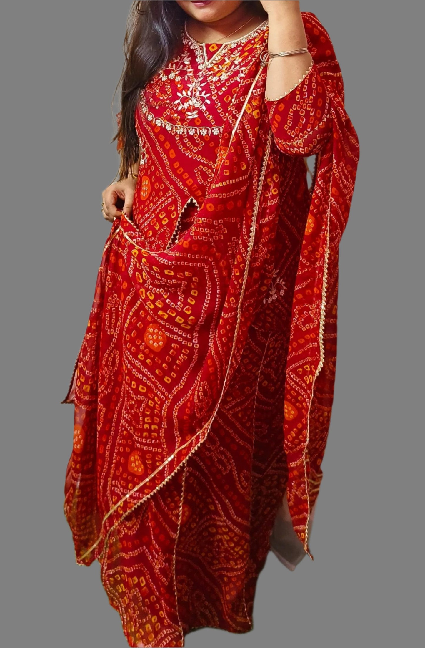 Heavy Hand work Bandhej 3 piece Set With Gota & Zardosi Add on Moksha Fashions