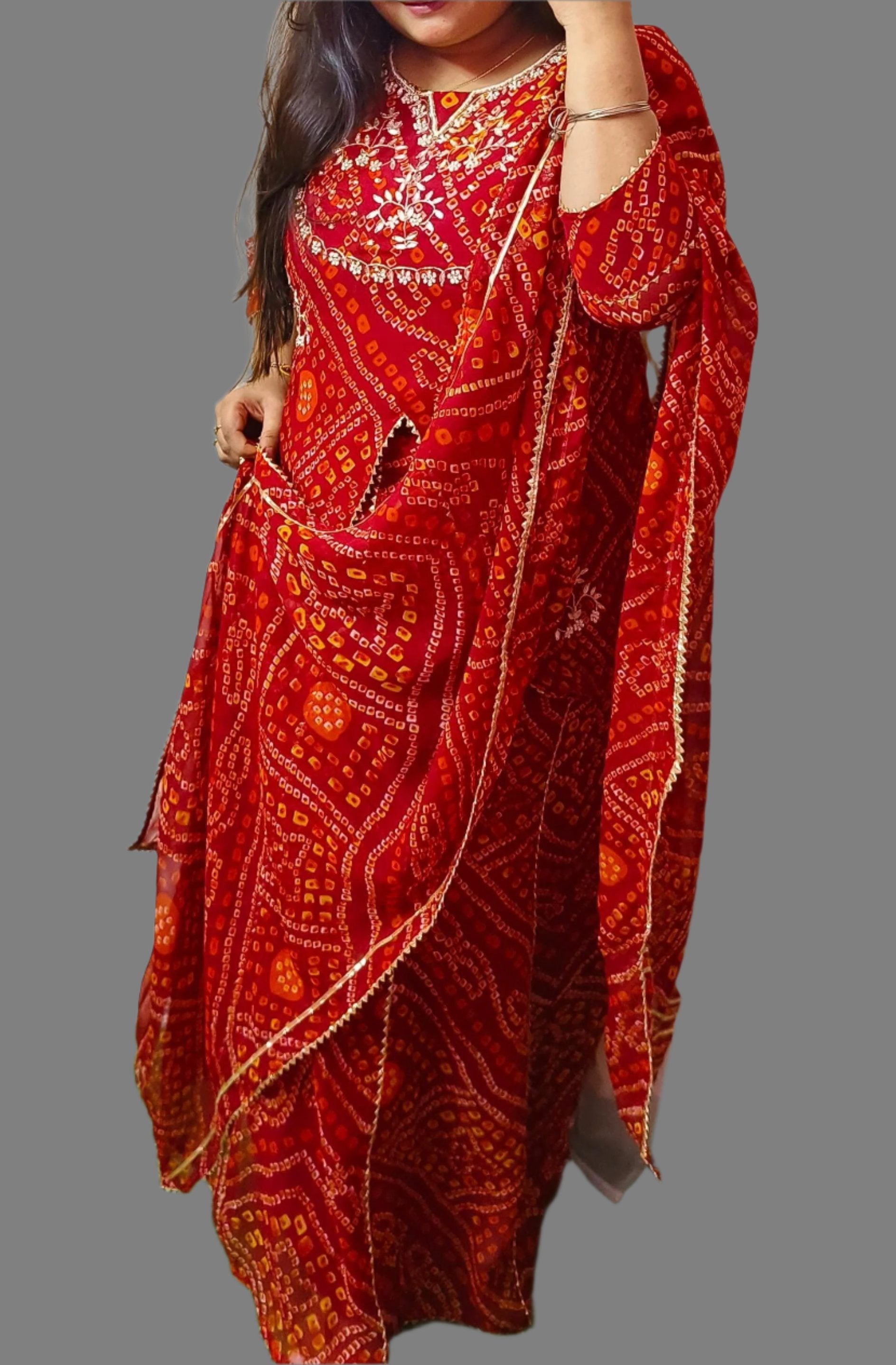 Heavy Hand work Bandhej 3 piece Set With Gota & Zardosi Add on Moksha Fashions