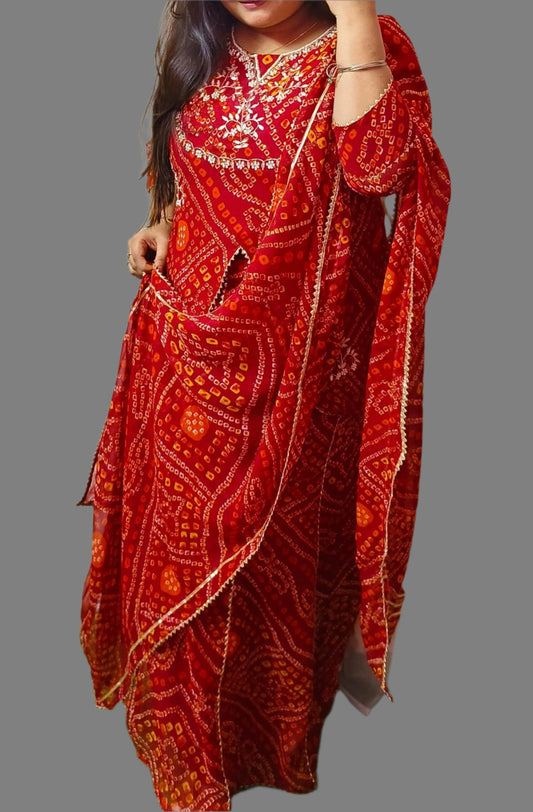 Heavy Hand work Bandhej 3 piece Set With Gota & Zardosi Add on Moksha Fashions