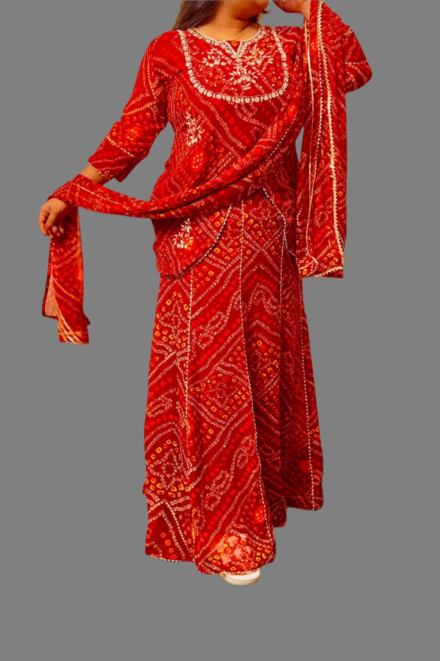 Heavy Hand work Bandhej 3 piece Set With Gota & Zardosi Add on Moksha Fashions