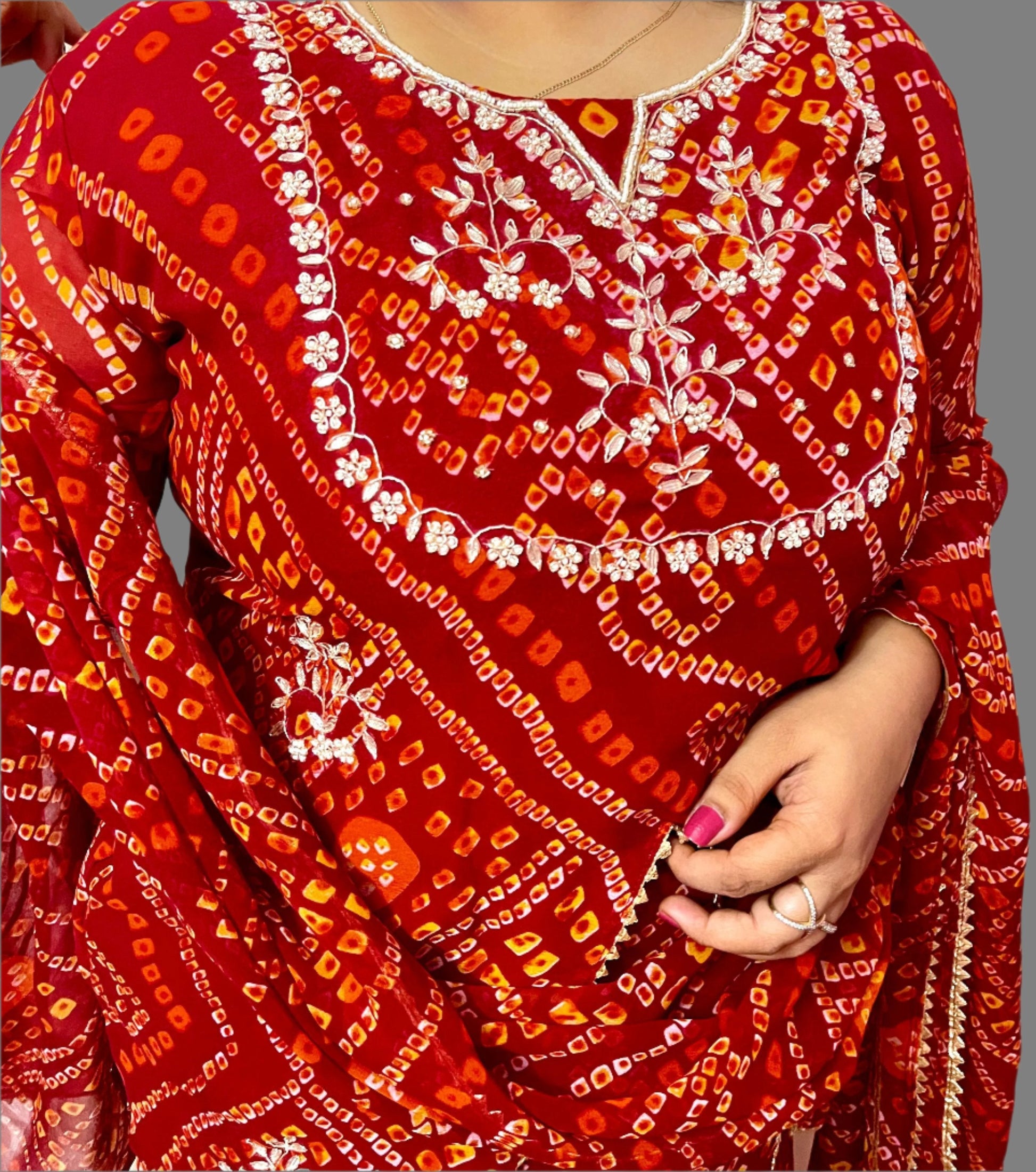 Heavy Hand work Bandhej 3 piece Set With Gota & Zardosi Add on Moksha Fashions