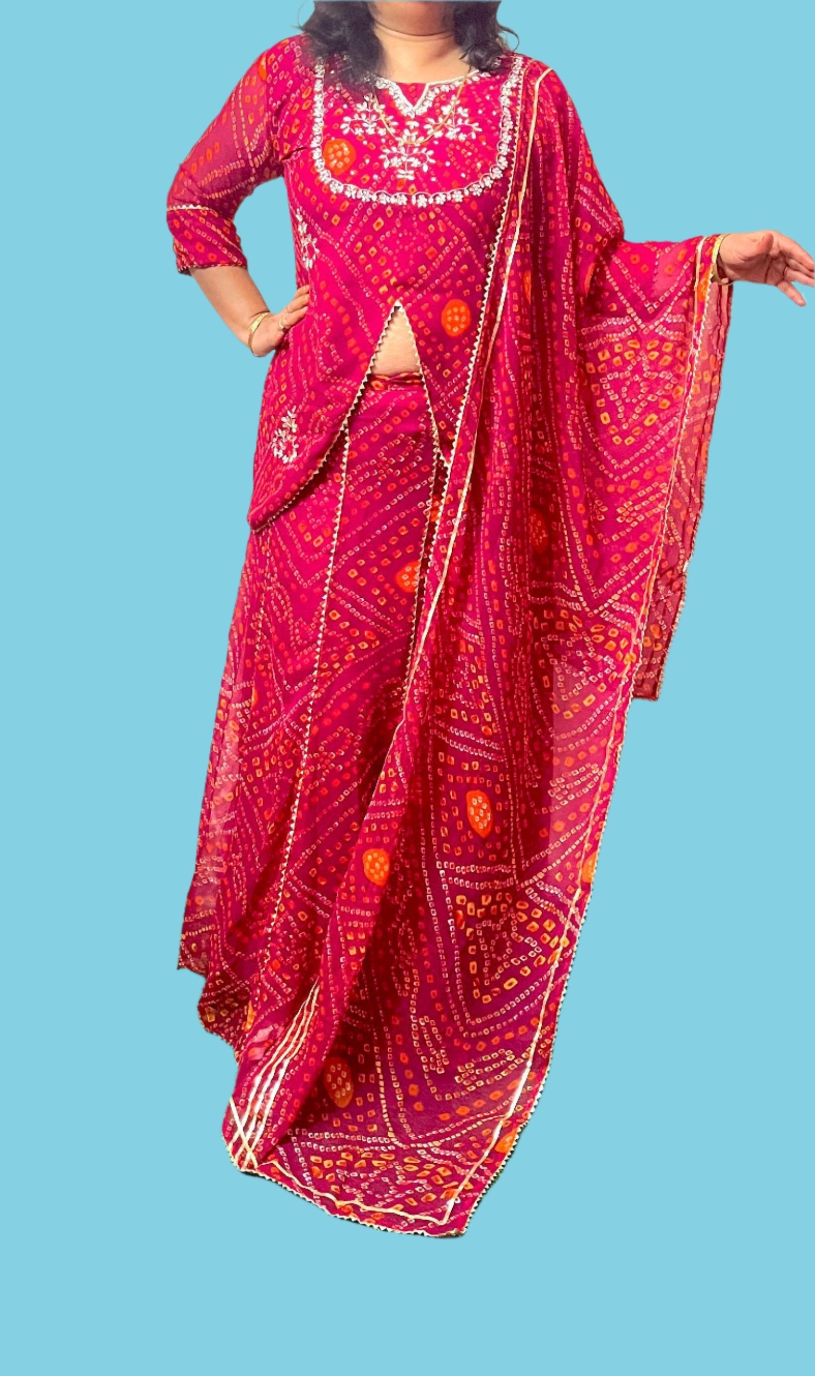 Heavy Hand work Bandhej 3 piece Set With Gota & Zardosi Add on Moksha Fashions