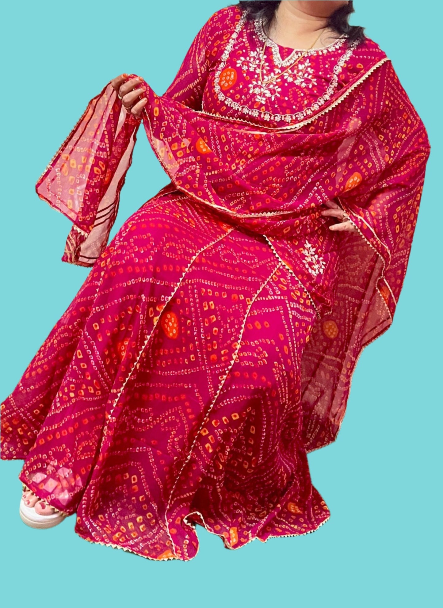 Heavy Hand work Bandhej 3 piece Set With Gota & Zardosi Add on Moksha Fashions