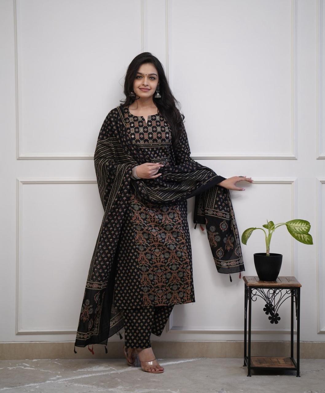 Mughal-Inspired Block Print In Designer Three-Piece Set Moksha Fashions