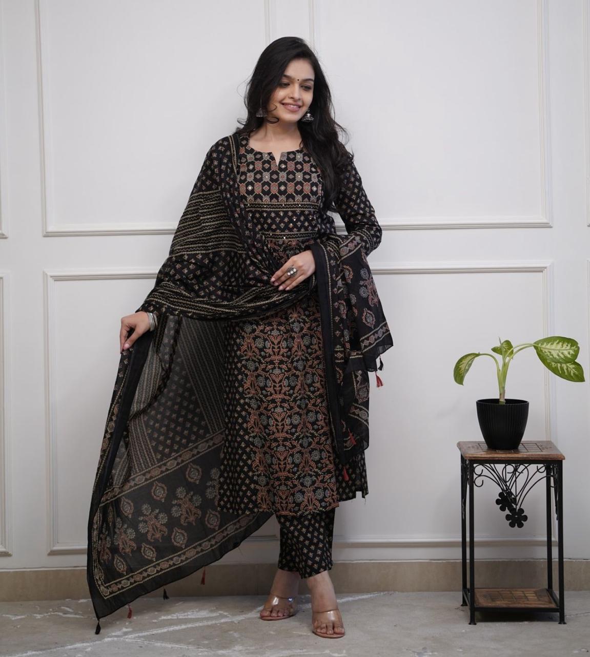 Mughal-Inspired Block Print In Designer Three-Piece Set Moksha Fashions
