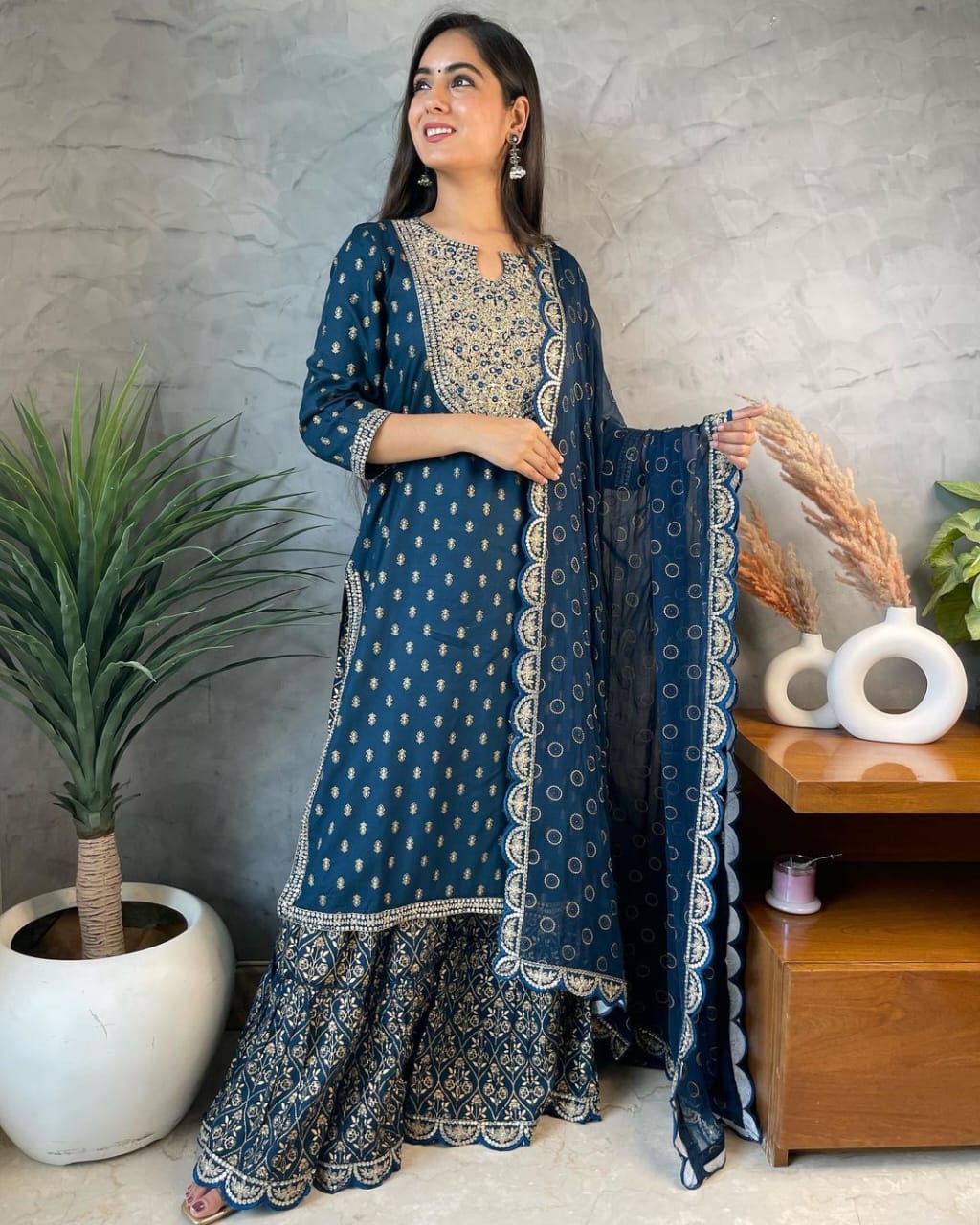Featuring Stunning Printed Straight Long Kurti Sharara Pant Dupatta Set Moksha Fashions