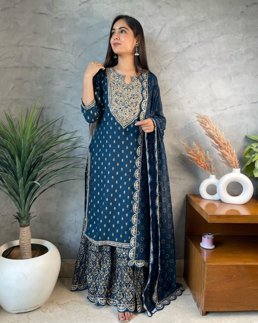 Featuring Stunning Printed Straight Long Kurti Sharara Pant Dupatta Set Moksha Fashions