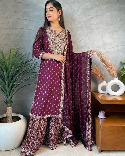 Featuring Stunning Printed Straight Long Kurti Sharara Pant Dupatta Set Moksha Fashions