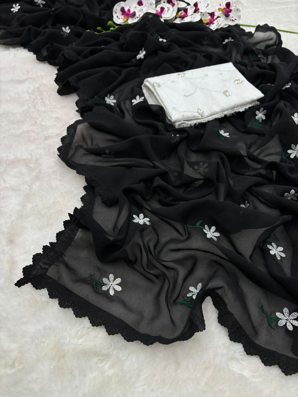 Georgette Designer Saree Featuring Intricate Thread Work & Stunning Cutwork Throughout Fabric Moksha Fashions