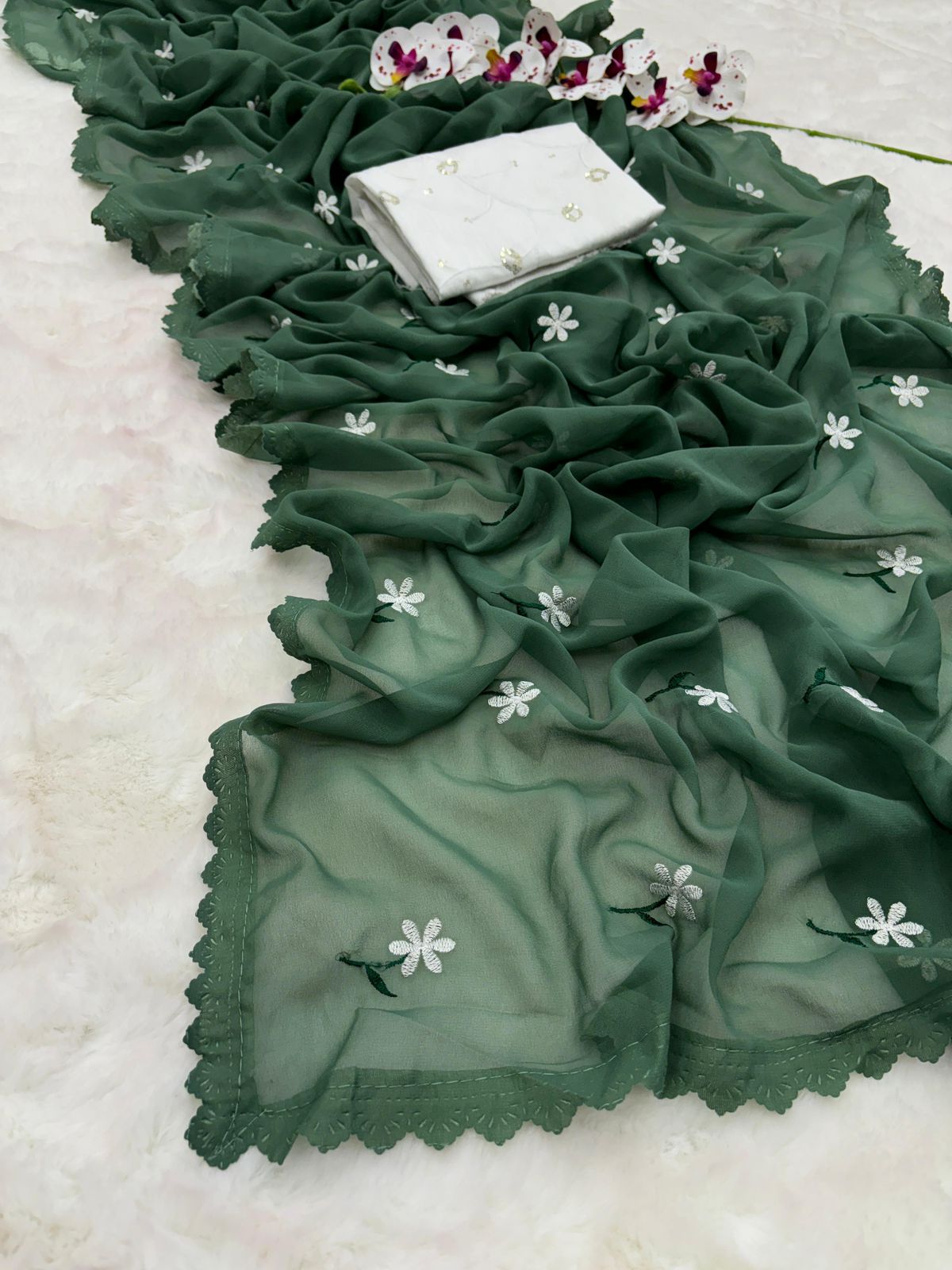 Georgette Designer Saree Featuring Intricate Thread Work & Stunning Cutwork Throughout Fabric Moksha Fashions