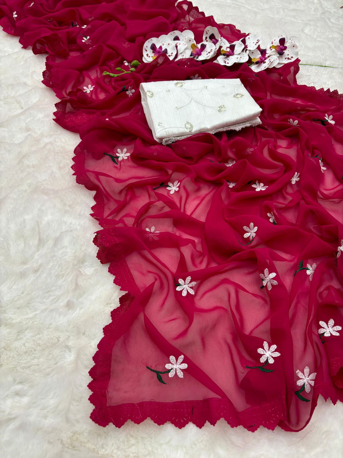 Georgette Designer Saree Featuring Intricate Thread Work & Stunning Cutwork Throughout Fabric Moksha Fashions