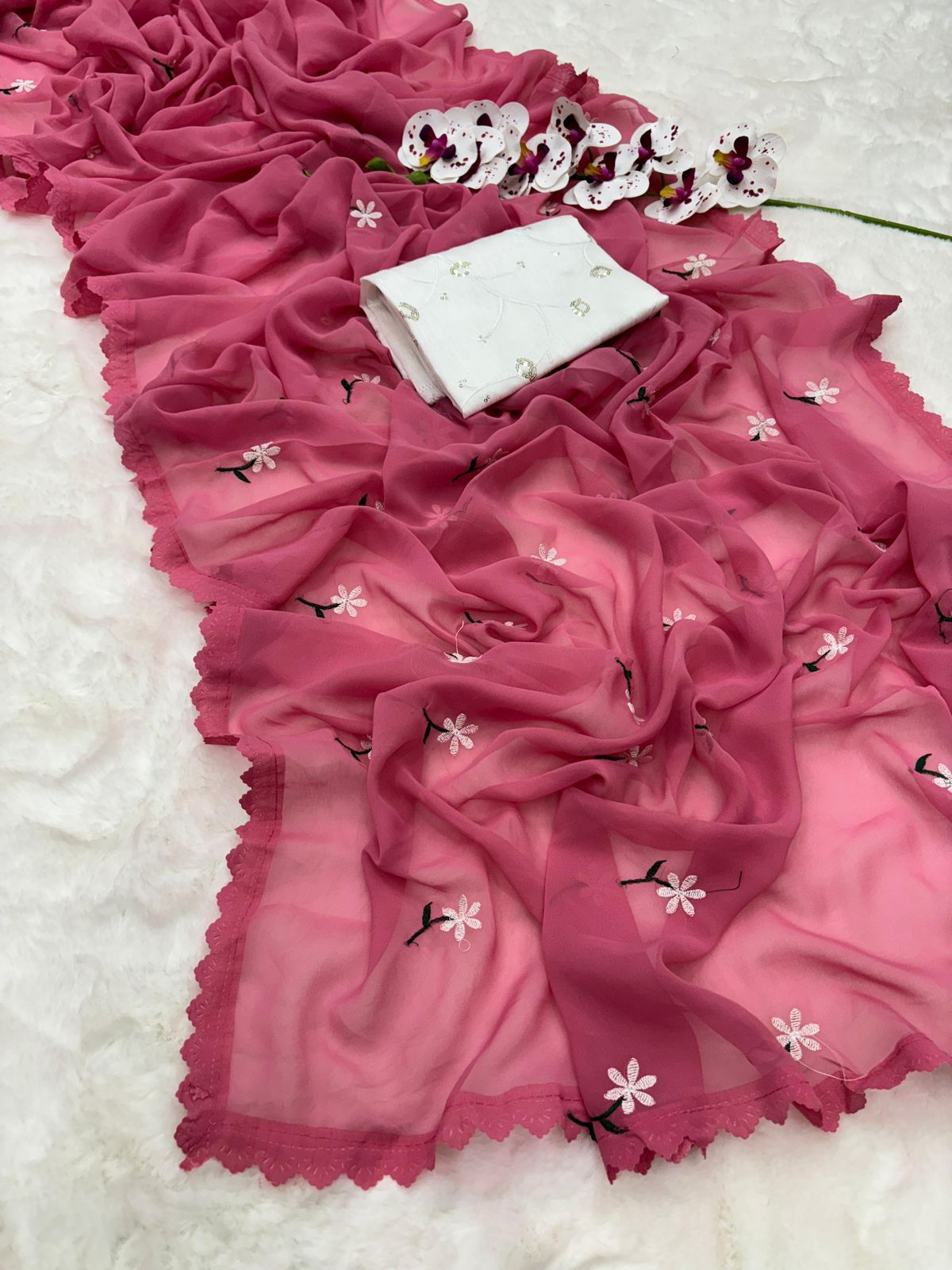 Stunning Thread Work And Intricate Cutwork In Georgette Designer Saree Moksha Fashions
