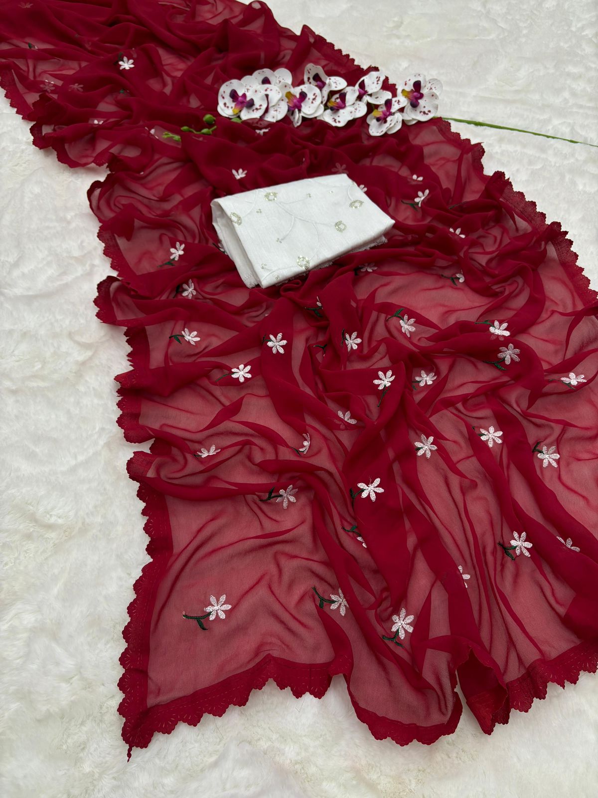 Stunning Thread Work And Intricate Cutwork In Georgette Designer Saree Moksha Fashions