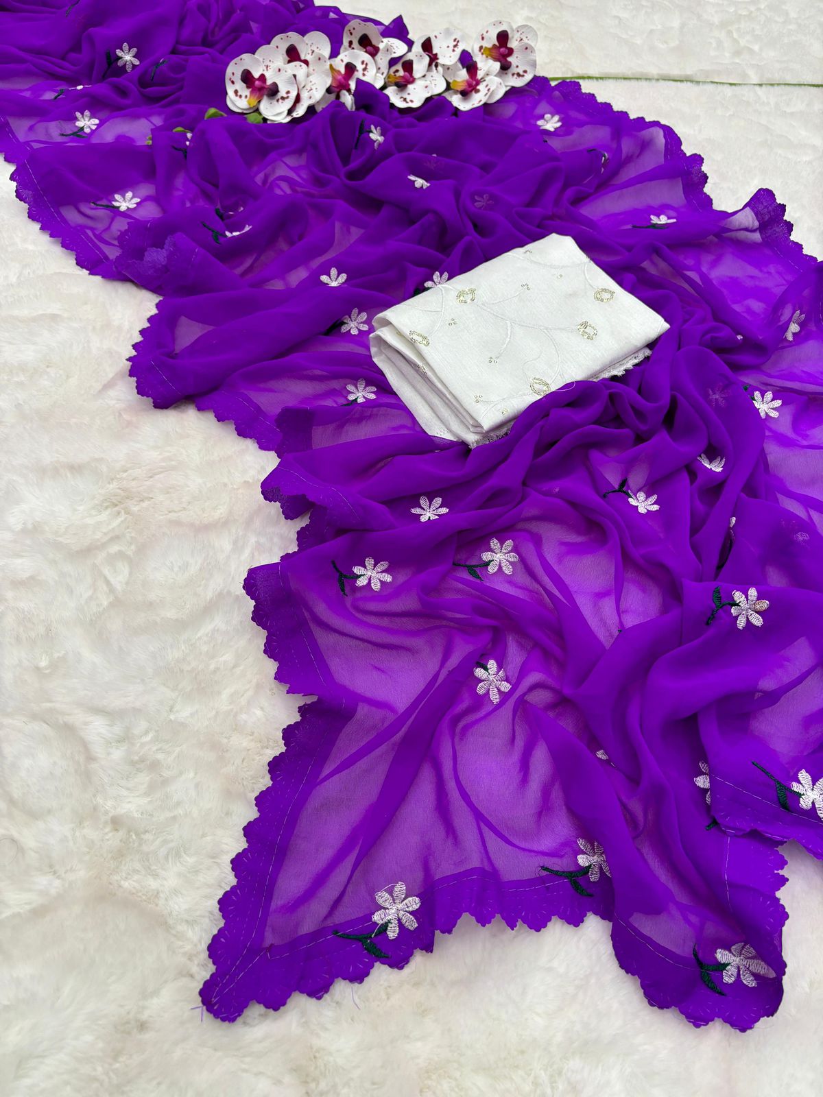 Stunning Thread Work And Intricate Cutwork In Georgette Designer Saree Moksha Fashions