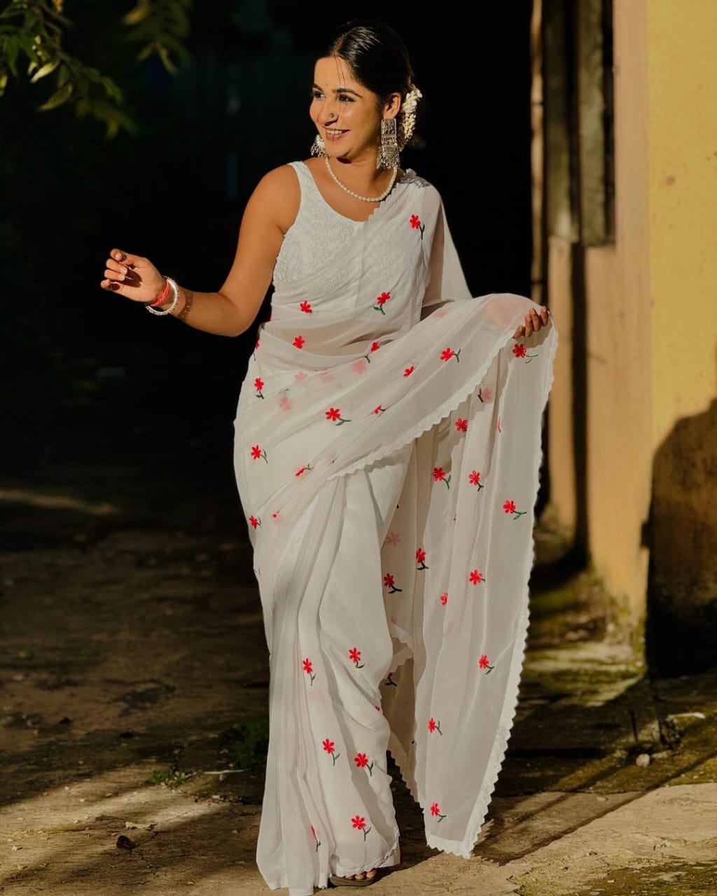 Georgette Designer Saree Featuring Intricate Thread Work & Stunning Cutwork Throughout Fabric Moksha Fashions