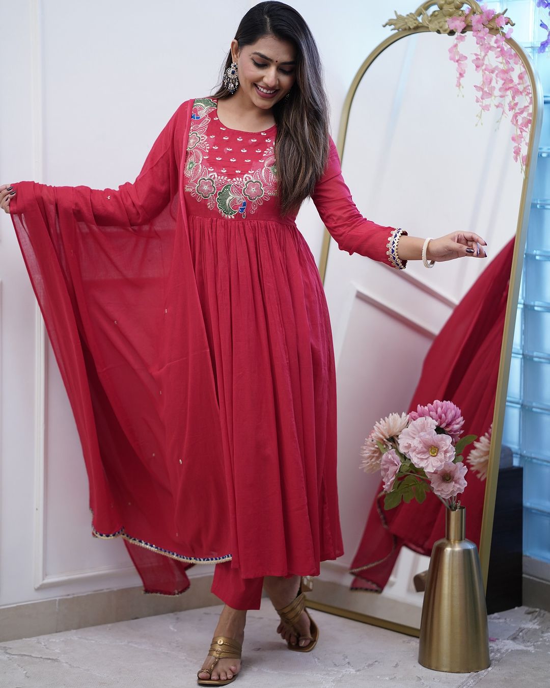 Beautiful Floral Peacock Embroidery Work Detailing With Lace Work Anarkali Kurti-Pant Moksha Fashions