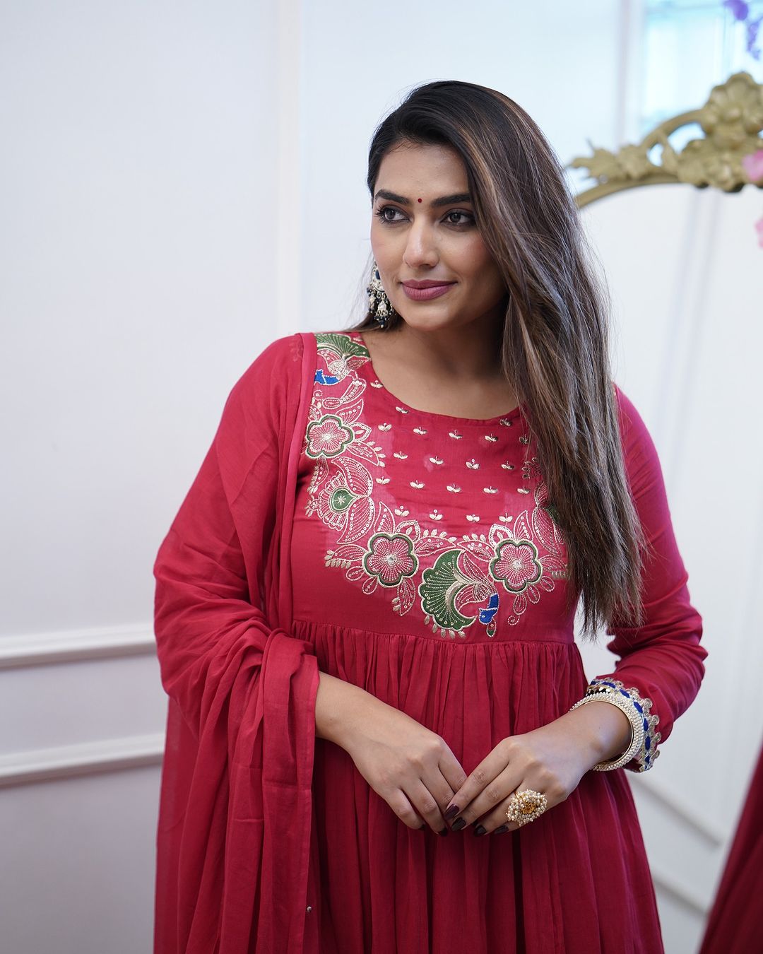 Beautiful Floral Peacock Embroidery Work Detailing With Lace Work Anarkali Kurti-Pant Moksha Fashions