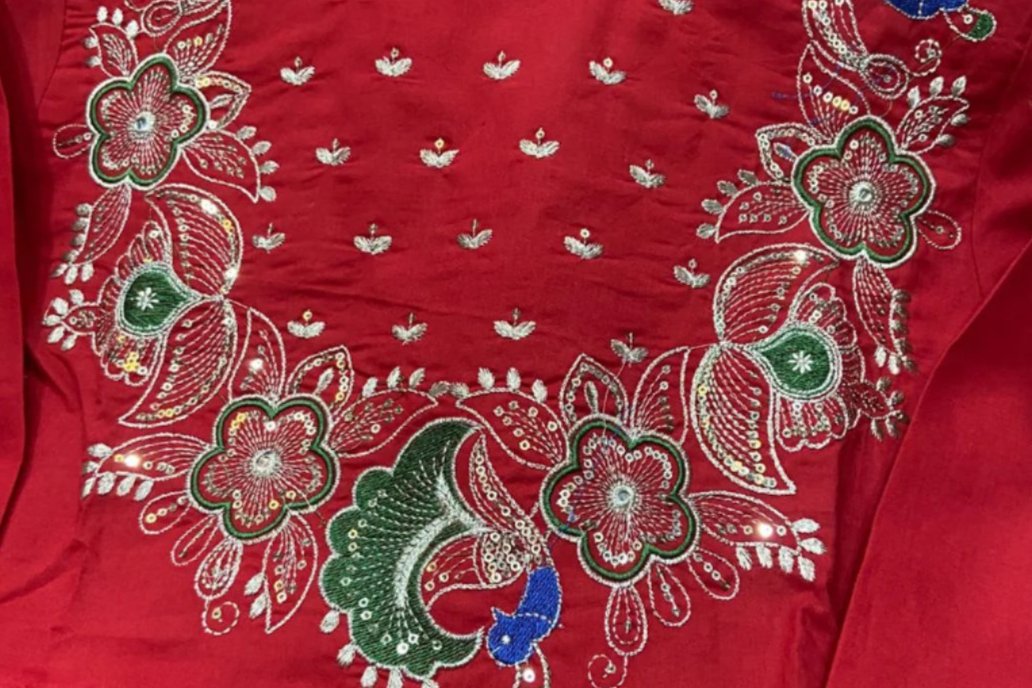 Beautiful Floral Peacock Embroidery Work Detailing With Lace Work Anarkali Kurti-Pant Moksha Fashions