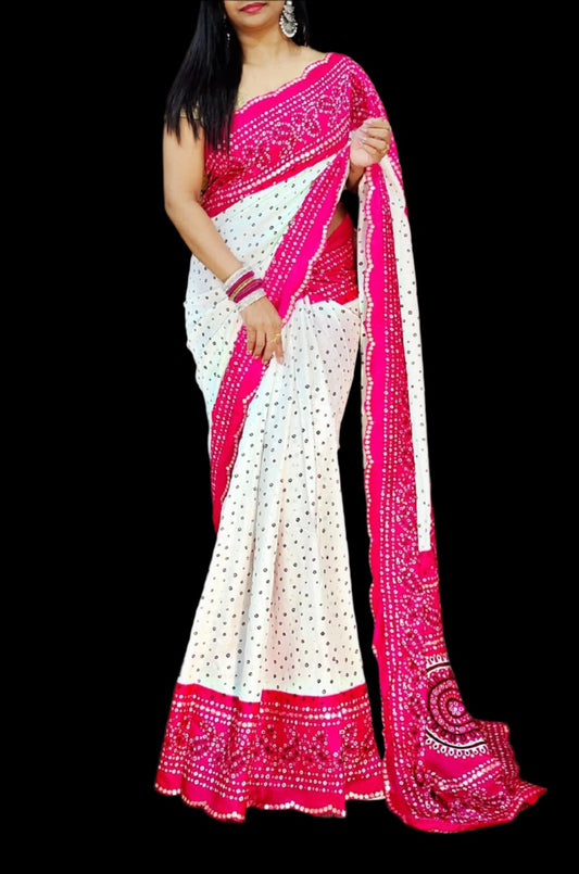 Chiffon Bandhini Sarees Featuring an Intricate all over Bandhini Print Moksha Fashions