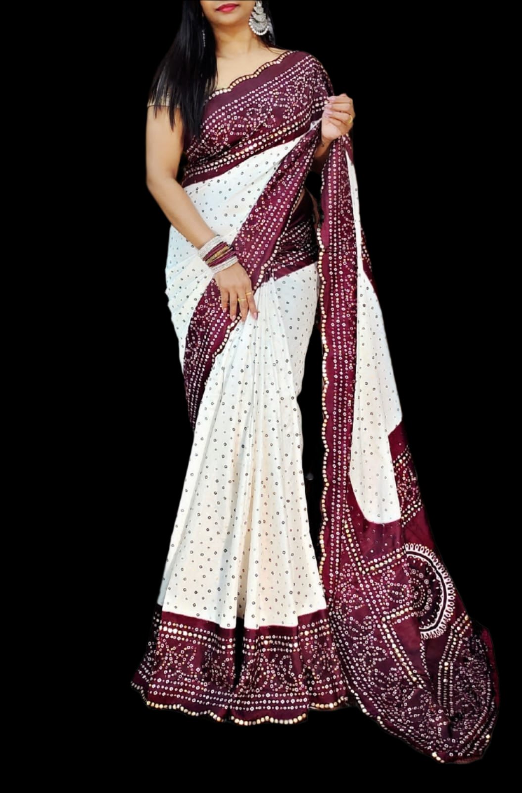 Chiffon Bandhini Sarees Featuring an Intricate all over Bandhini Print Moksha Fashions