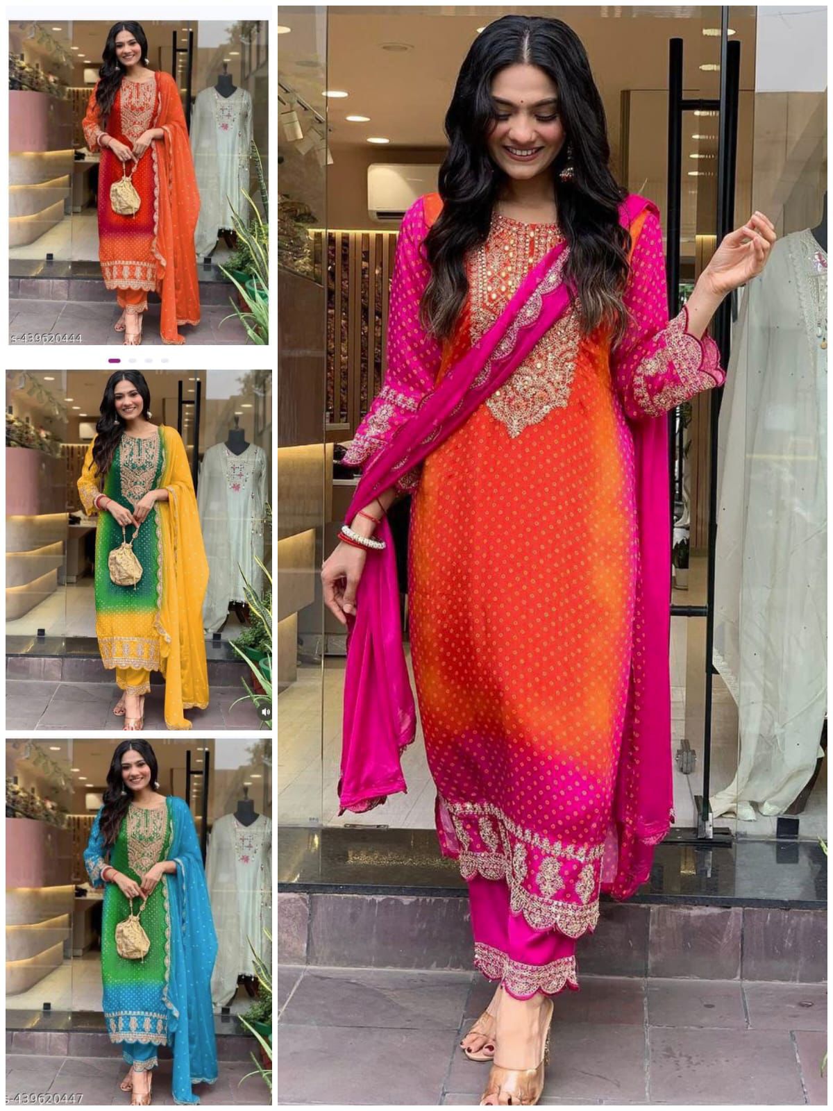 .Chinon Silk designer wear Kurti Pant Dupatta Moksha Fashions
