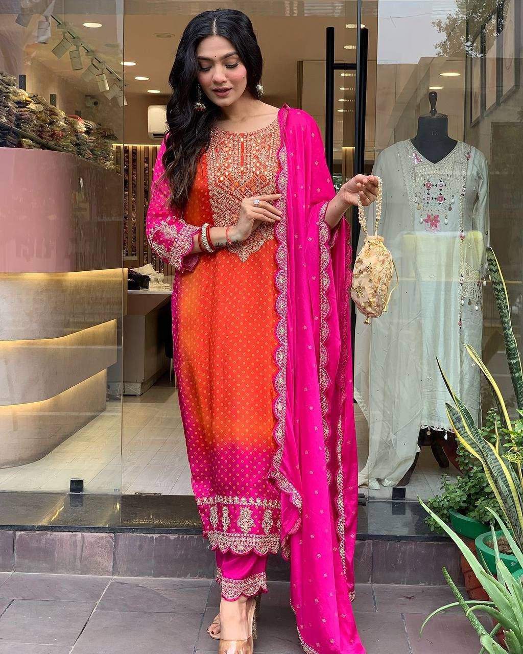 .Chinon Silk designer wear Kurti Pant Dupatta Moksha Fashions