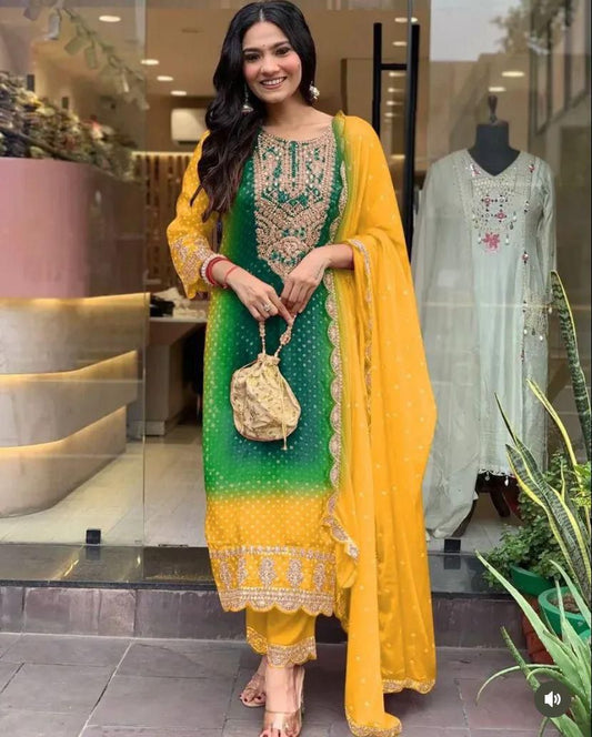 .Chinon Silk designer wear Kurti Pant Dupatta Moksha Fashions