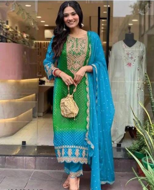 .Chinon Silk designer wear Kurti Pant Dupatta Moksha Fashions