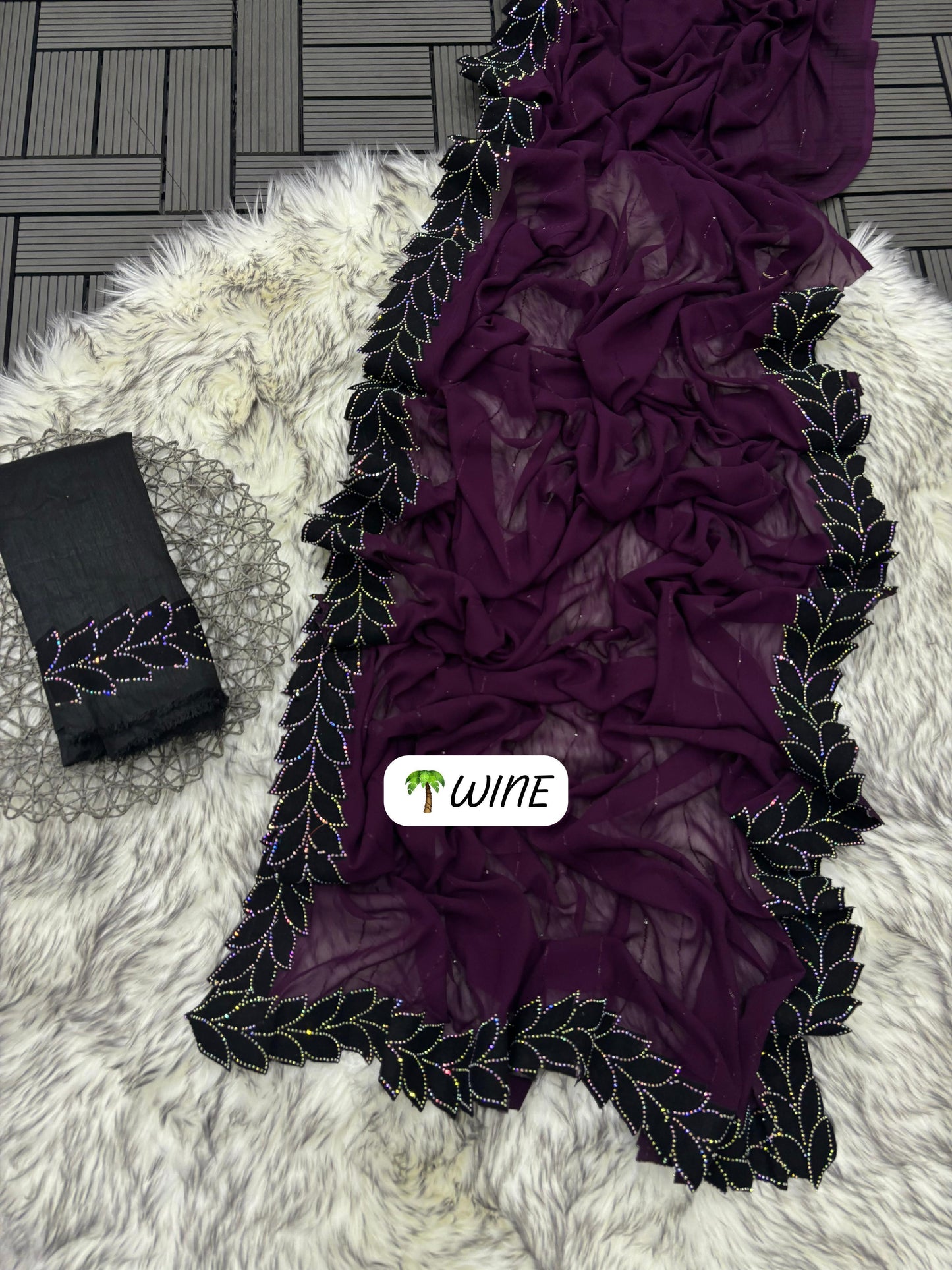 .Leaf Cut Sequin/Siroski Saree - Moksha Fashions