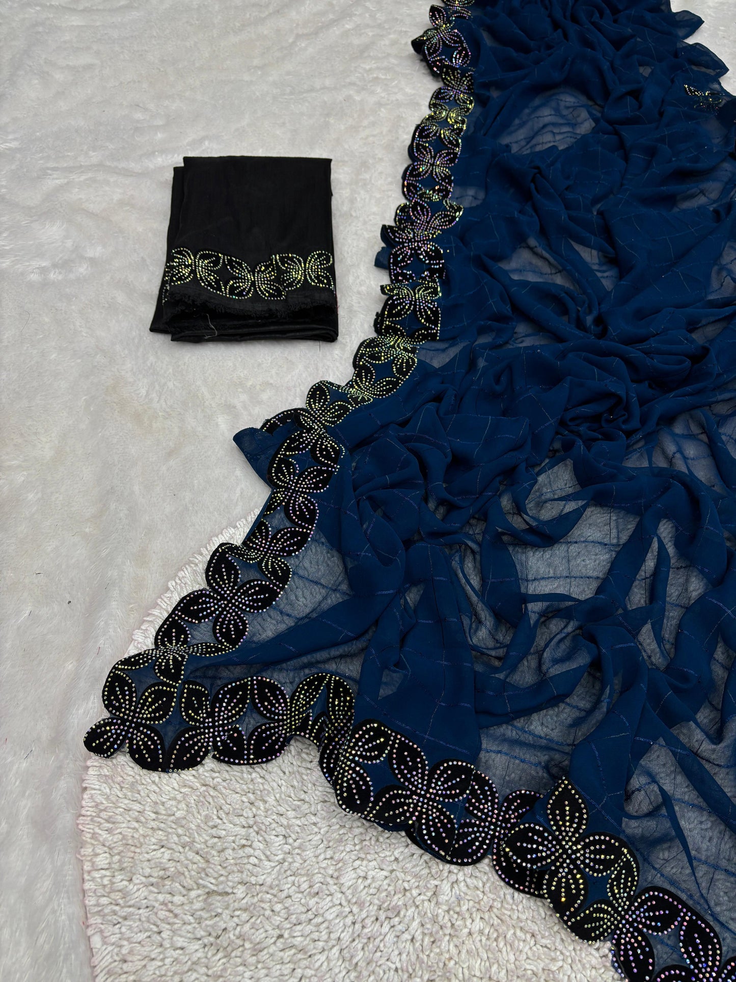 .Heavy Velvet Cut With Siroski Work Saree - Moksha Fashions