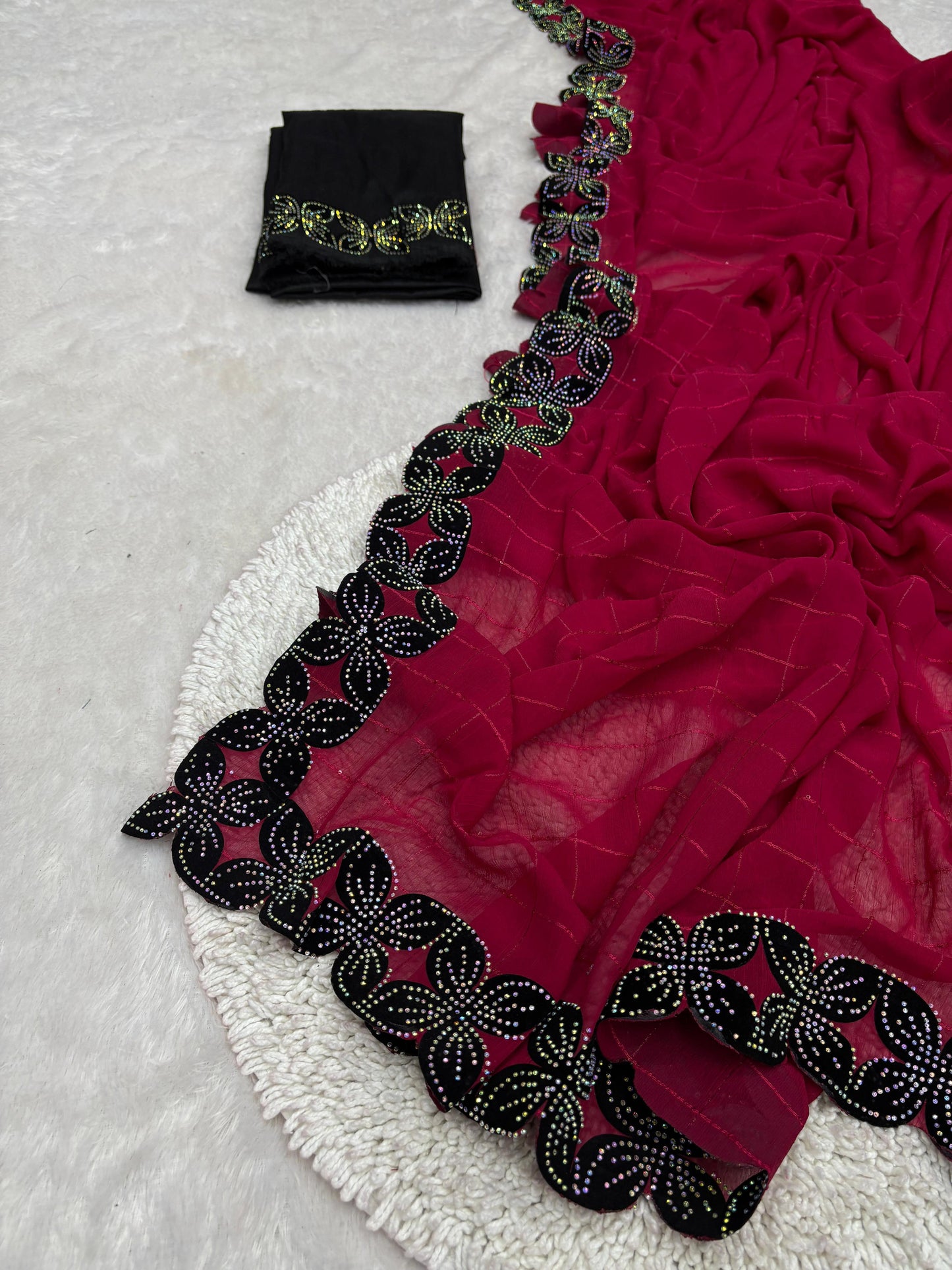.Heavy Velvet Cut With Siroski Work Saree - Moksha Fashions