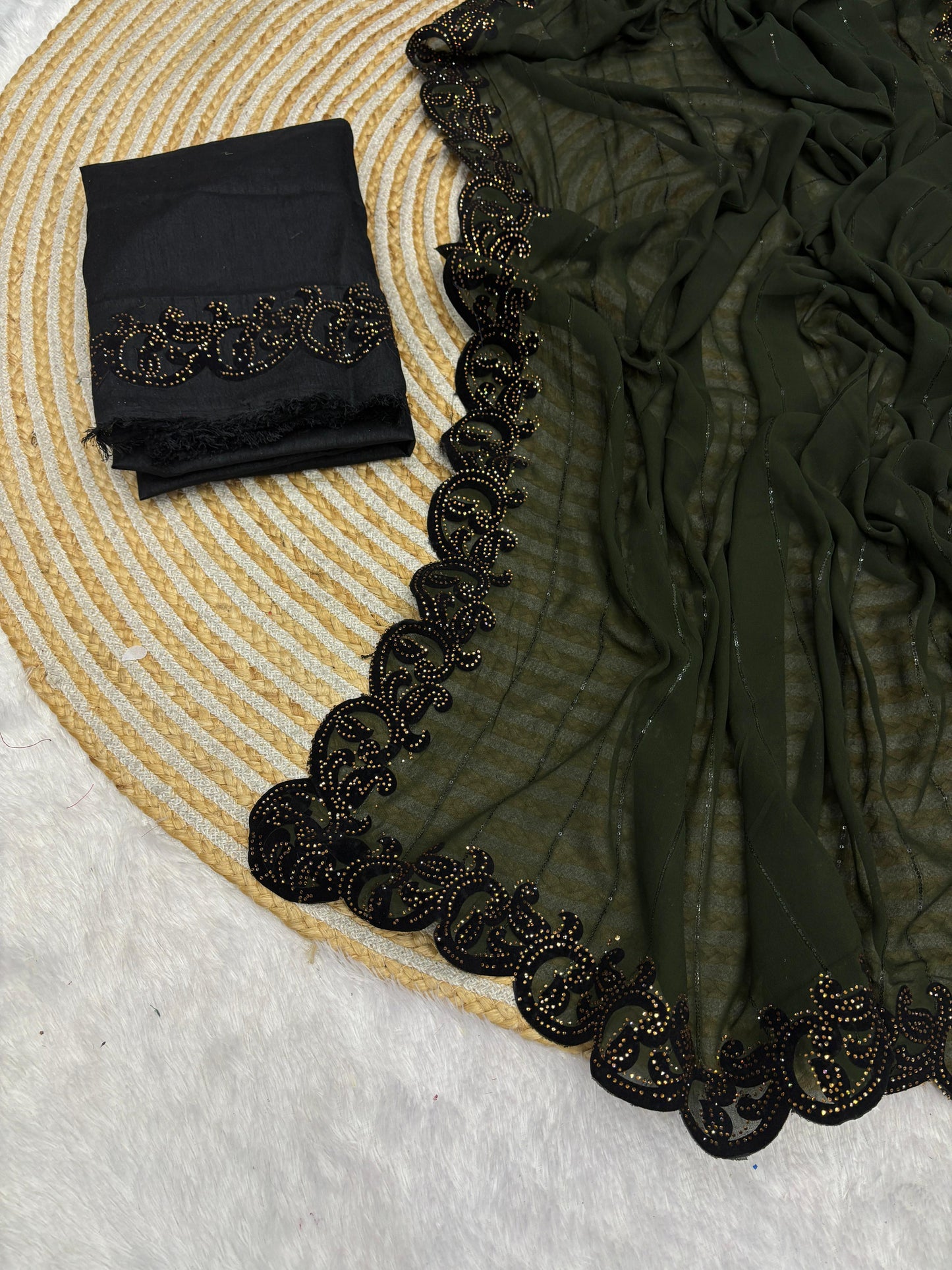 .Heavy Velvet Cut With Siroski Work Saree - Moksha Fashions